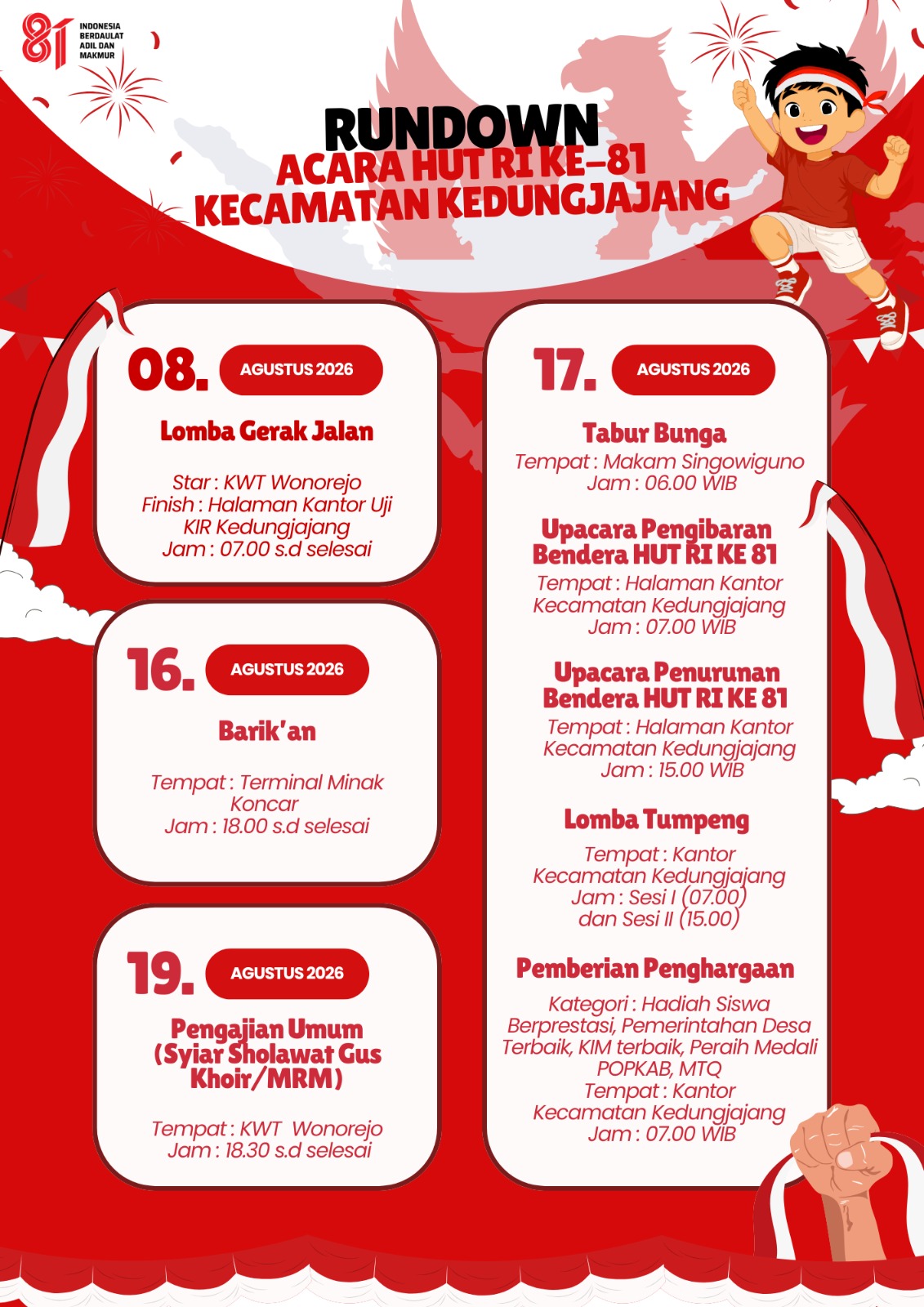 KECAMATAN KEDUNGJAJANG SIAPKAN RANGKAIAN PERINGATAN HUT KE - 81 KEMERDEKAAN RI